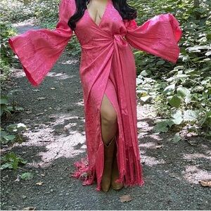Pink Fringe Floral Wrap Dress